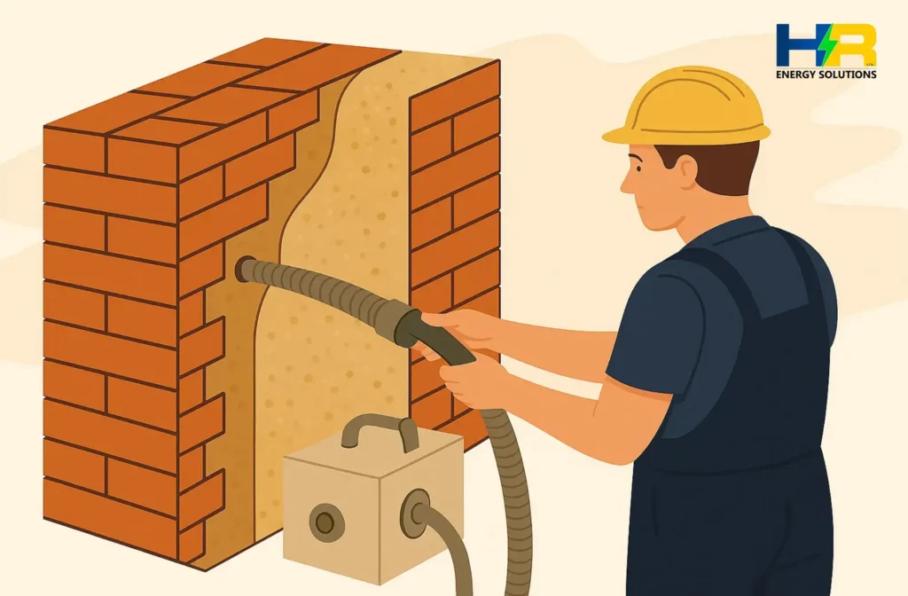 Illustration of professional using a blower machine to install cavity wall insulation.