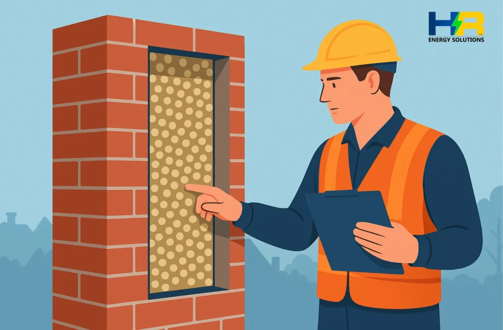Technician inspecting cavity wall insulation beads during assessment of wall condition.