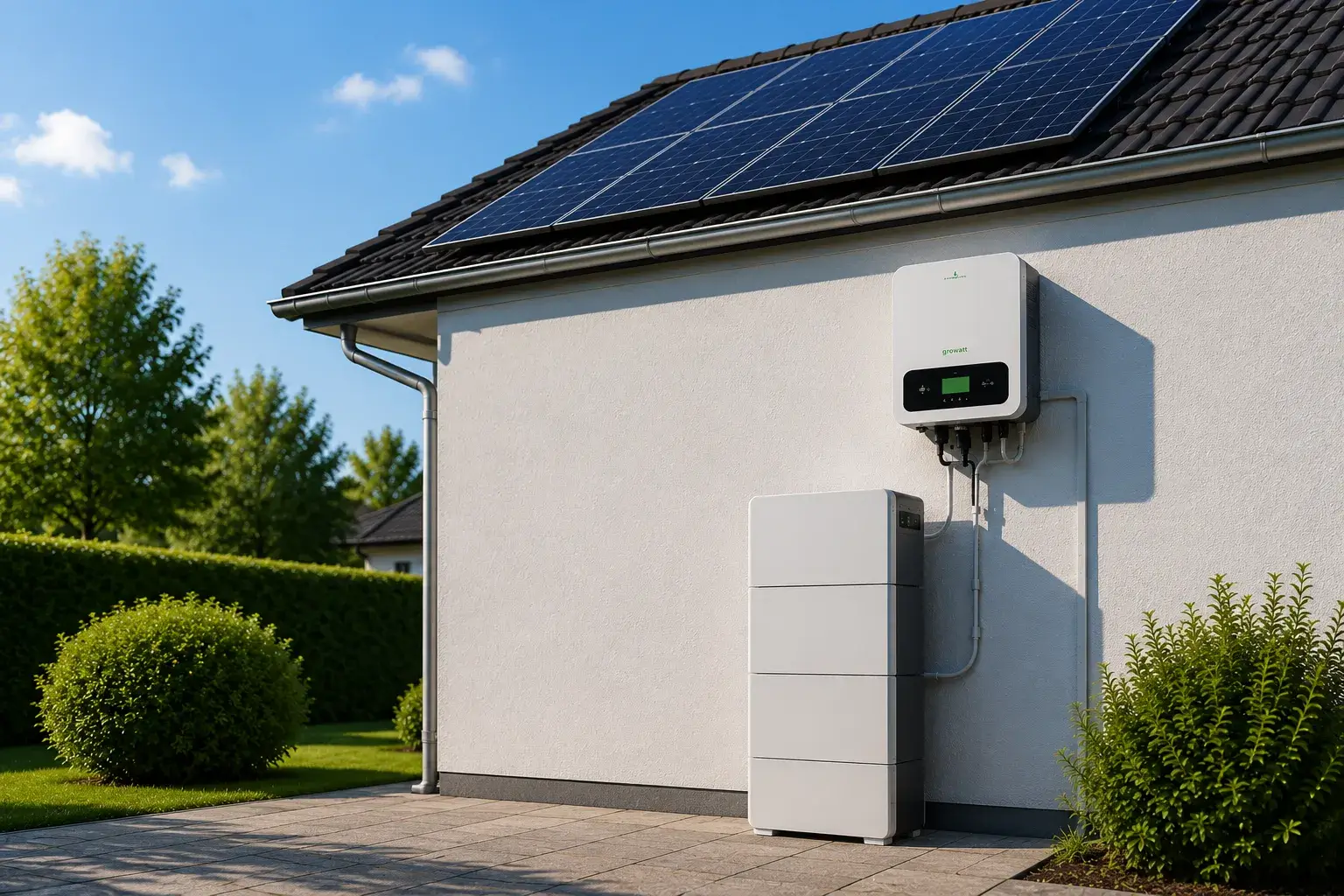 Solar panels and battery bundle installed on a house exterior wall