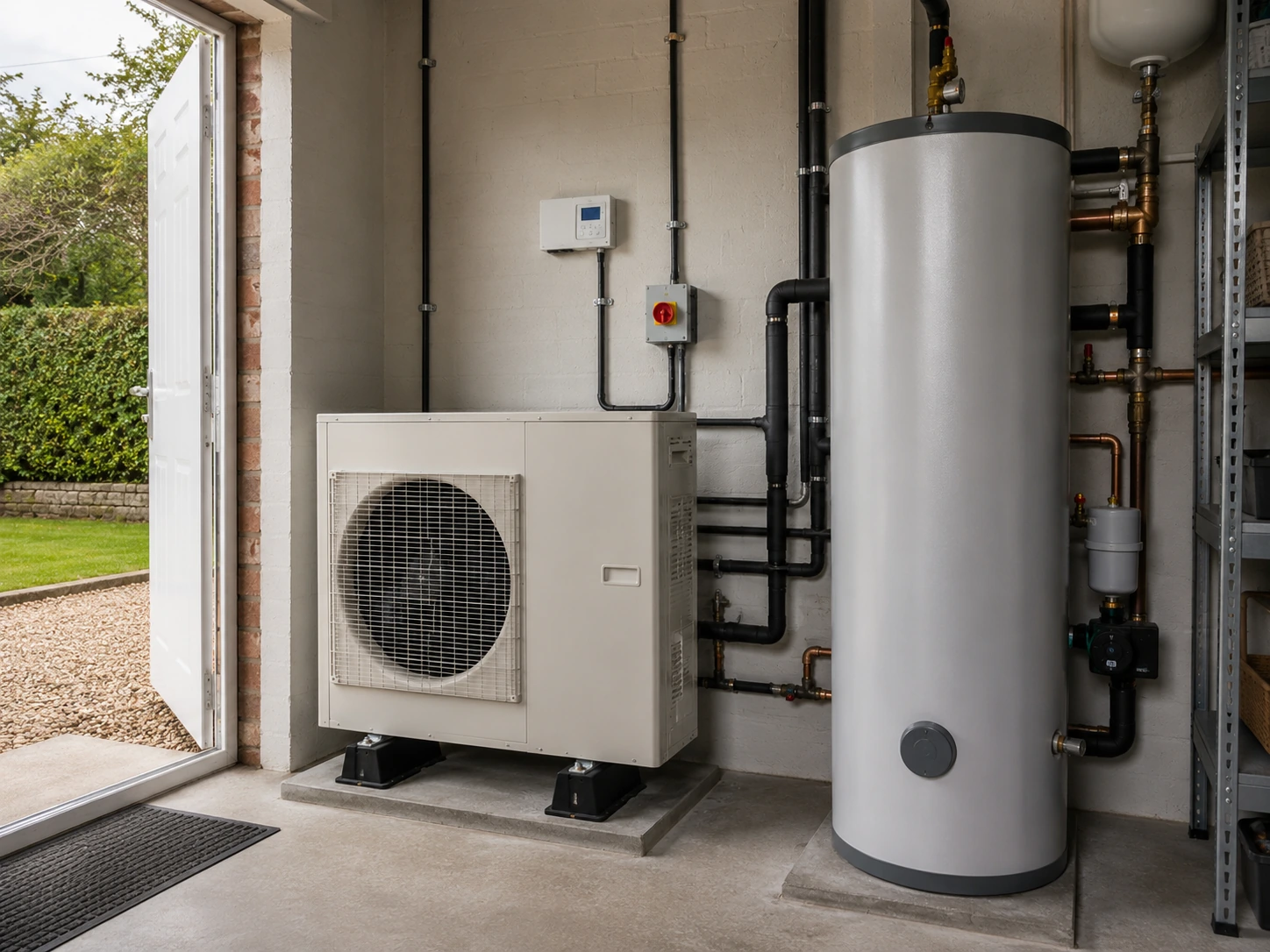 Air source heat pump with hot water cylinder supplying home heating and hot water