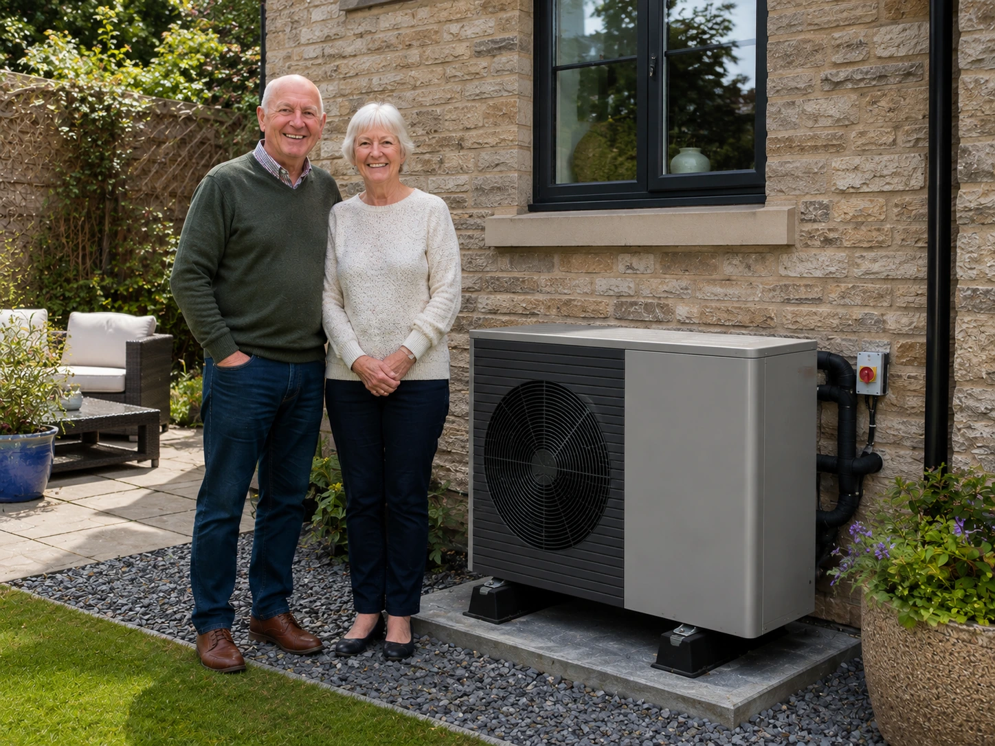 Happy H&R Energy Solutions customers with their new air source heat pump