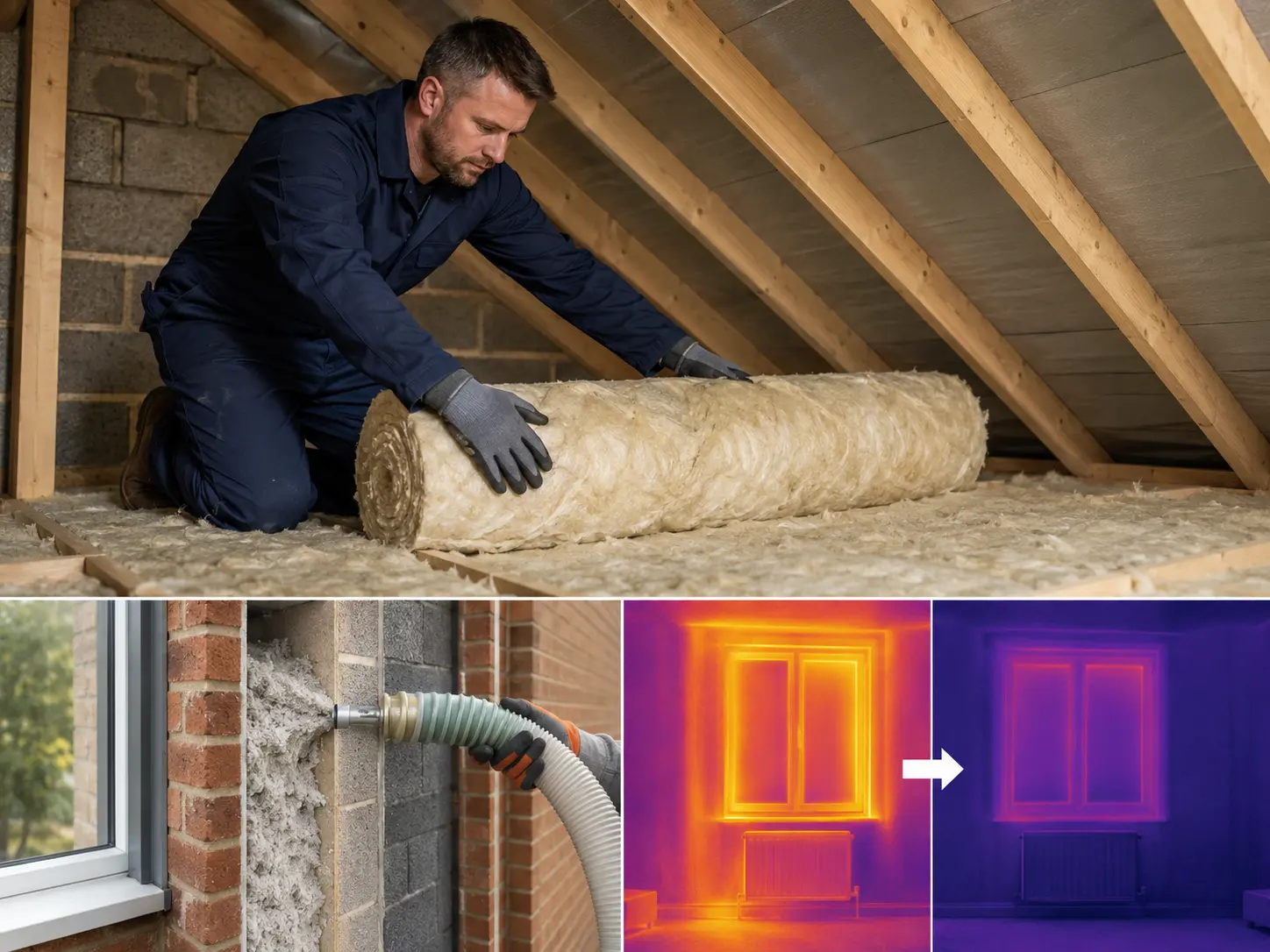 Home insulation being installed as part of a complete energy efficiency retrofit